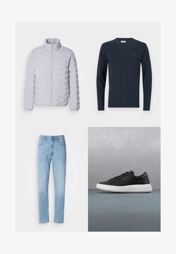Hellgraue Pufferjacke mit hohem Kragen, horizontalem Steppmuster, Reißverschluss vorn und elastischen Bündchen. Hergestellt aus einem glatten, glänzenden Material.; Langarm-T-Shirt aus dunkelblauem Baumwollstoff mit Rundhalsausschnitt. Verfügt über ein dezentes "JOOP! JEANS"-Logo auf der Brust. Glatte Textur und schlichtes Design.; Hellblaue Jeans mit geradem Schnitt, fünf Taschen und Gürtelschlaufen. Der Stoff hat eine glatte Textur mit einem leichten Verblassungseffekt.; Schwarze Ledersneaker mit glatter Oberfläche, weißer Gummisohle, rundem Design, sechs Ösen für die Schnürsenkel und dezentem Branding an der Ferse.