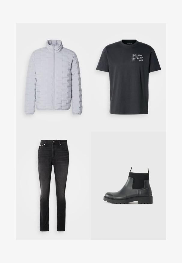 Hellgraue Pufferjacke mit hohem Kragen, horizontalem Steppmuster, Reißverschluss vorn und elastischen Bündchen. Hergestellt aus einem glatten, glänzenden Material.; Dunkelgraues Baumwoll-T-Shirt mit kurzen Ärmeln, das weißen Text mit der Aufschrift "Calvin Klein 205 WEST 39TH STREET NEW YORK CITY 10018" zeigt.; Schwarze Jeans aus Denim mit schmaler Passform, fünf Taschen und Knopfverschluss. Mit einem subtilen Verblassen und Nähakzenten an den Taschen.; Schwarze Knöchelstiefel aus Gummi mit matter Oberfläche, die ein schlankes Design, elastische Einsätze und eine robuste Sohle für bessere Bodenhaftung bieten.