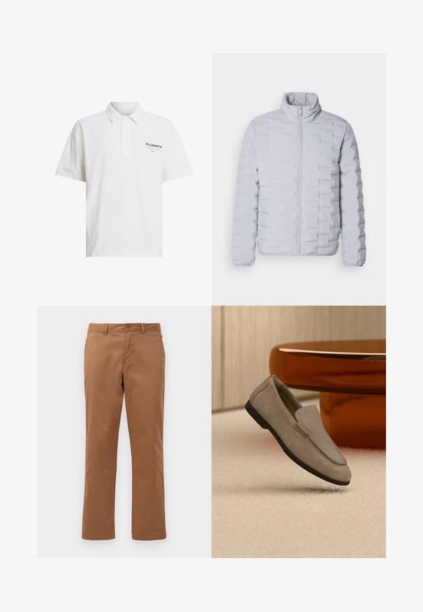 Hellgraue Pufferjacke mit hohem Kragen, horizontalem Steppmuster, Reißverschluss vorn und elastischen Bündchen. Hergestellt aus einem glatten, glänzenden Material.; Weißes Polo-Shirt aus Baumwolle mit kurzen Ärmeln, einem Knopfkragen und einem schwarzen Logo auf der linken Seite. Glatte Textur, klassischer Schnitt.; Braune Baumwollhose mit geradem Bein, ausgestattet mit einem Knopfverschluss und Fronttaschen. Glatte Textur und sauberer Abschluss.; Hellbrauner Wildleder-Slipper mit schwarzer Sohle, liegend auf beigem Teppich vor einem reflektierenden braunen runden Tisch an einer Holzwand.