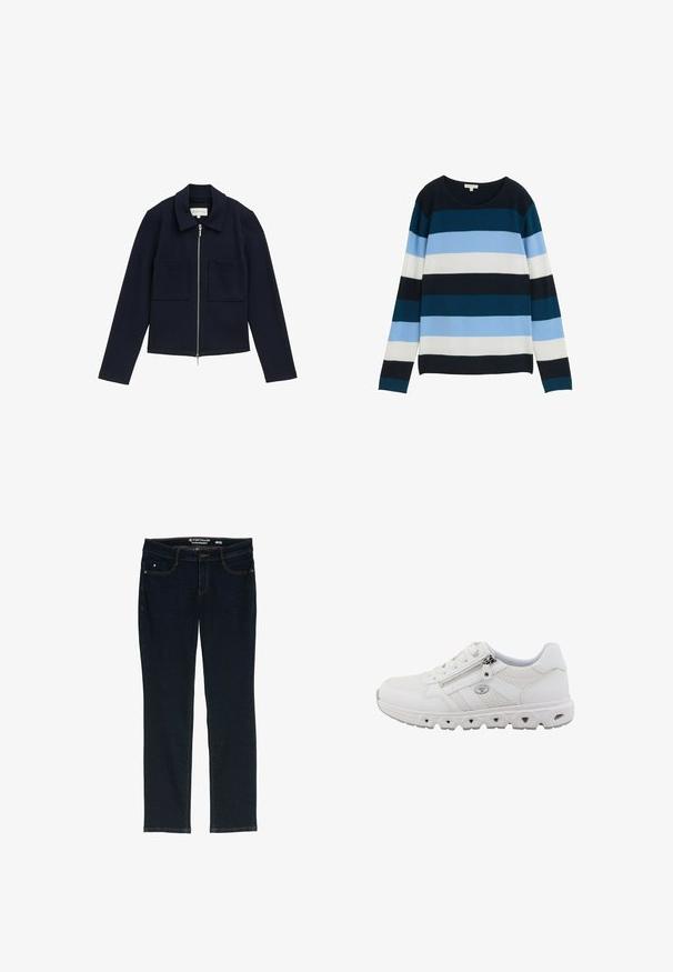 Marineblauwe jas met rits aan de voorkant, een kraag, twee frontzakken en een gestructureerde stof, met lange mouwen en een cropped fit.; Gestreepte trui in marineblauw, teal, lichtblauw, wit en lichtgrijs. Gemaakt van ribgebreide stof, met een ronde hals en lange mouwen.; Donkerblauwe rechte jeans van denim. Heeft vijf zakken, contrasterend oranje stiksels en een label op de tailleband met de merknaam.; Witte sportschoenen met een meshstructuur, een afgeronde neus, vetersluiting en rits, met grijze accenten en een gevormde rubberen zool.