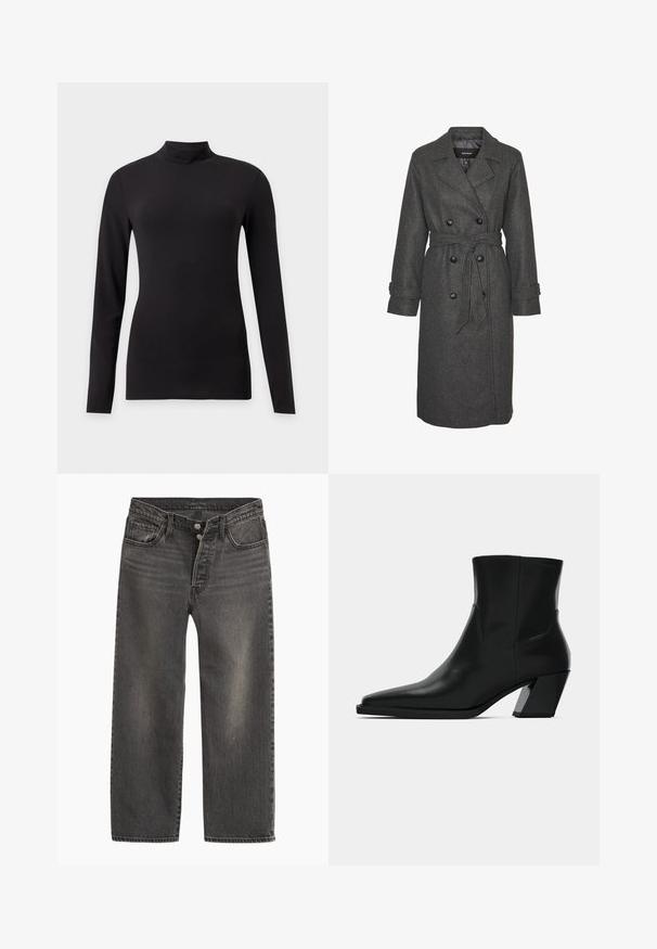 Grå uldblandingslang frakke med dobbeltradet design, store sorte knapper og et matchende bælte i taljen. Med notch-lapper.; Sort tætsiddende top med lange ærmer og høj krave, vist på en ensfarvet lys grå baggrund.; Sorte denimjeans med lige ben, høj talje og knaplukning. Har subtil falmning og kontrastsyninger.; Sortlæder ankelstøvle med spids tå, en slank silhuet og en kraftig firkantet hæl. Glat tekstur med minimale stikninger.
