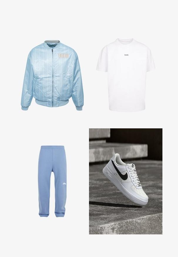Svetlomodrá bomber bunda s bielymi vertikálnymi pruhmi, pružnými manžetami a výstrihom. Obsahuje vyšívané logo "FUBU" na hrudi.; Biela bavlnená tričko s voľným strihom a krátkymi rukávmi, s nápisom "loved." vytlačeným čiernym textom na hrudi.; Svetlo modré tepláky s elastickým pásom, zúženými nohavicami a bielym logom na ľavom stehne. Vyrobené z mäkkej, textúrovanej látky.; Biela teniska Nike Air Force 1 s čiernym logom swoosh, zaviazanými šnúrkami, umiestnená vo vzduchu nad textúrovaným betónovým povrchom vonku.