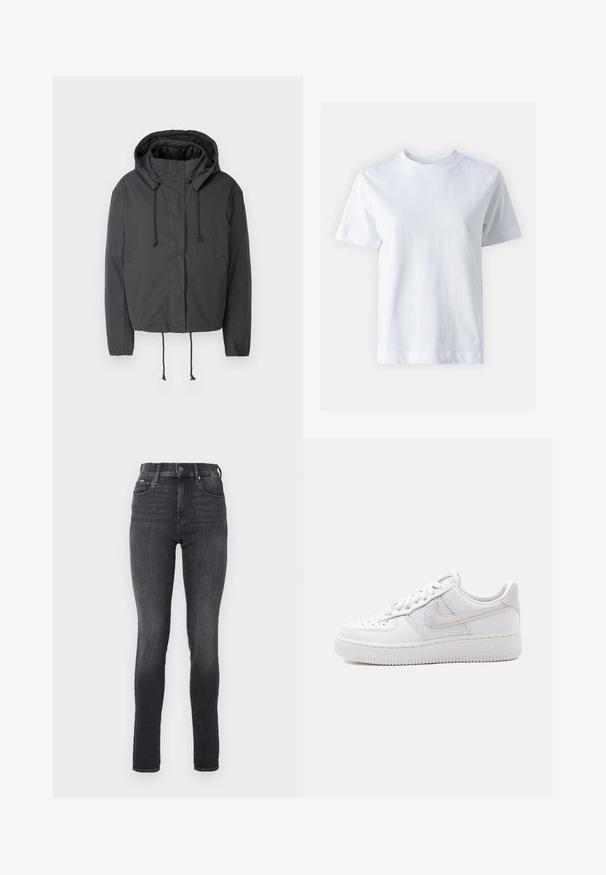 Zwarte cropped jas met capuchon, trekkoordsluiting en zijzakken. Gemaakt van een gladde, lichte stof met een minimale textuur.; Witte katoen t-shirt met een ronde hals, korte mouwen, een rechte snit en een gladde textuur. Geen patronen of versieringen.; Hoge taille skinny jeans in donkergrijs denim, met een gladde textuur, voorzien van voorzakken en een metalen knoopsluiting bij de tailleband.; Witte lage Nike Air Force 1 sneaker met witte veters, perforaties op de neusplaat en een mesh paneel achter het Nike Swoosh-logo.