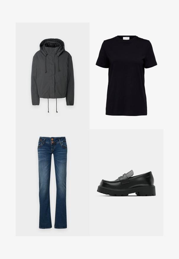 Sort cropped jakke med hætte, snørelukning og frontlommer. Lavet af et glat, letvægtsstof med minimal tekstur.; Sort kortærmet t-shirt med rund halsudskæring, lige kant og en hvid label på bagsiden indeni kraven.; Mørkeblå bootcut jeans med to frontknapper, fem lommer og subtil falmning på lår og knæ.; Sorte læder loafers med en chunky tekstureret sål, der har en rem over vamps og en glat, poleret finish.