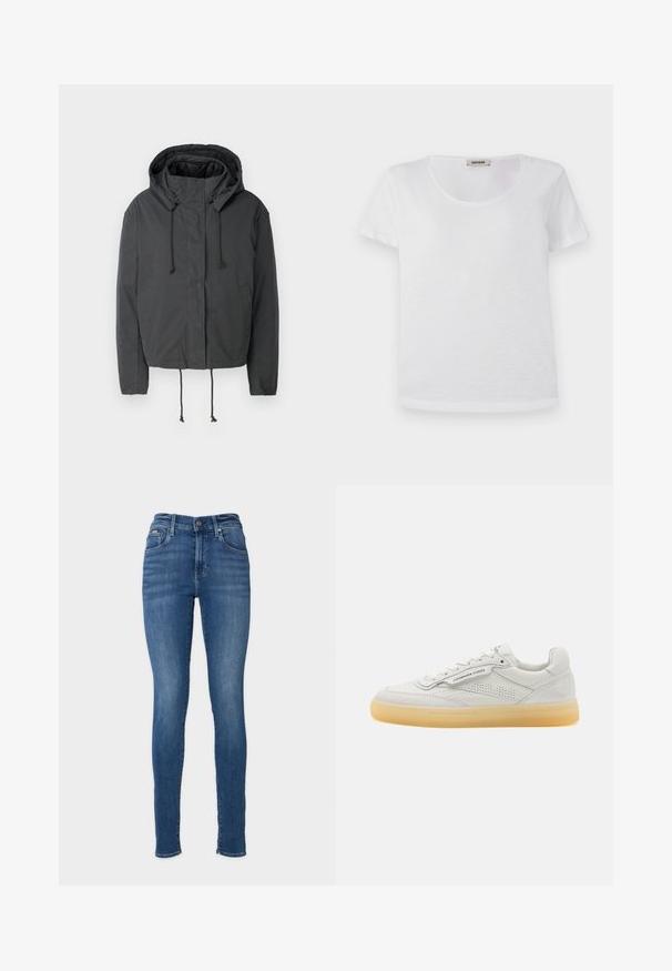 Schwarze cropped Jacke mit Kapuze, Zugbandverschluss und Vorderseiten-Taschen. Hergestellt aus einem glatten, leichten Stoff mit minimaler Textur.; Weißes Kurzarm-T-Shirt aus weichem Material, mit Rundhalsausschnitt und geradem Saum, ohne sichtbare Muster oder Akzente.; Schmale blaue Jeans aus Denim-Stoff. Präsentiert eine hohe Taille, ein Fünf-Taschen-Design und einen Metallschlussknopf. Einheitliche Farbe mit leichter Verblassung.; Weiße Leder-Sneaker mit durchbrochenen Akzenten, runder Zehenpartie und cremefarbener Gummisohle. Verfügt über tonale Nähte und ein minimalistisches Design.