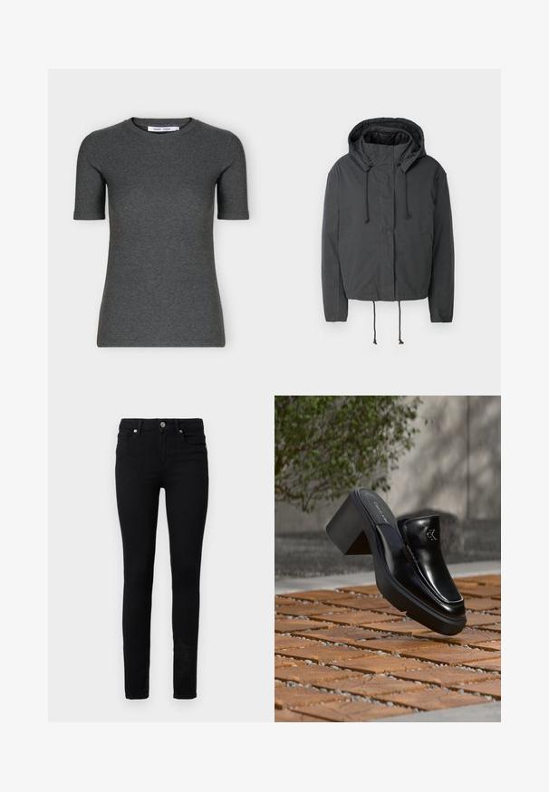 Veste noire cropped avec capuche, fermeture à cordon de serrage et poches à l'avant. Fabriquée dans un tissu lisse et léger avec une texture minimale.; T-shirt tricoté gris foncé à manches courtes, col rond, coupe ajustée et design uni présenté sur fond blanc.; Jean skinny noir en denim, avec une fermeture à bouton et zip sur le devant, cinq poches et une texture lisse.; Mule slip-on en cuir noir Calvin Klein avec talon bloc reposant sur des carreaux en bois à l'extérieur près d'une plante verte et d'un mur gris.