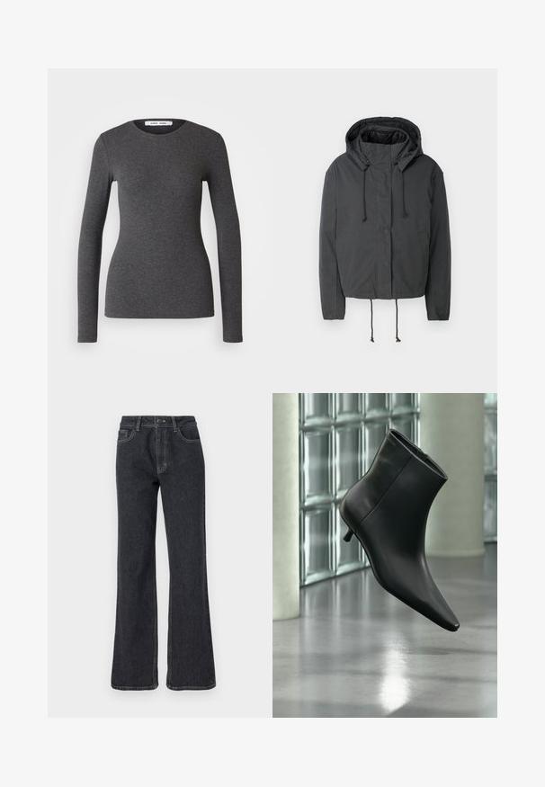 Veste noire cropped avec capuche, fermeture à cordon de serrage et poches à l'avant. Fabriquée dans un tissu lisse et léger avec une texture minimale.; Haut à manches longues et col rond en gris foncé, fabriqué à partir d'un tissu côtelé avec une coupe ajustée, présentant une texture lisse et un minimalisme dans les détails.; Jean en denim foncé à taille haute avec une coupe évasée, présentant des coutures dorées, cinq poches et une fermeture à bouton. Texture lisse, design de jambe droite.; Bottine en cuir noir à bout pointu et petit talon kitten, présentée en angle devant un sol poli et un mur en blocs de verre.