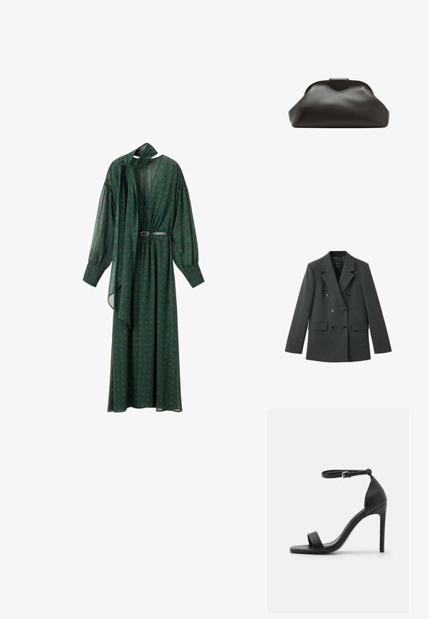 Dubbel-breasted blazer van donkergrijze stof, met gelapte revers, grote knopen aan de voorkant en twee zijzakken. Gladde textuur.; Lange groene jurk met een bloemenpatroon, voorzien van een striknek, volumineuze mouwen en een riem die de taille accentueert. Gemaakt van lichtgewicht stof.; Zwarte sandalen met hoge hakken, met een slank ontwerp, voorzien van een enkelbandje, open teen en een gladde leren textuur.; Zachte zwarte leren clutch met een afgerond frame en een kleine lipsluiting bovenin het midden.