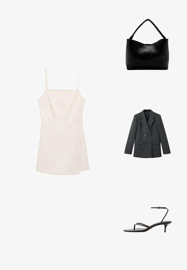 Dubbel-breasted blazer van donkergrijze stof, met gelapte revers, grote knopen aan de voorkant en twee zijzakken. Gladde textuur.; Lichtbeige mouwloze top met dunne bandjes, met een eenvoudig recht ontwerp en een gladde, licht glanzende textuur. Geen patronen of accenten.; Zwarte sandaal met dunne enkelriem met gesp, teenlus en een slanke middelhoog kittenhak op een witte achtergrond.; Zwarte geweven handtas met een enkele gevlochten hengsel, rechthoekige vorm en glanzend gestructureerd oppervlak.