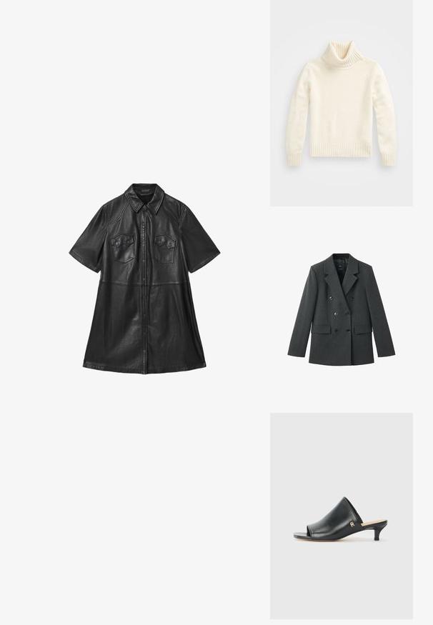 Dubbel-breasted blazer van donkergrijze stof, met gelapte revers, grote knopen aan de voorkant en twee zijzakken. Gladde textuur.; Crème-kleurige turtleneck trui, gebreide textuur, geribbelde kraag en manchetten, slim-fit ontwerp, met een korte lengte en zachte afwerking.; Zwarte leren shirtjurk met korte mouwen, kraag, twee borstzakken en een sluiting met knopen aan de voorkant. Soepele textuur met geknipte naden.; Zwarte leren open teen muiltjes met een lage hak. Heeft een glad oppervlak en een gouden logo accent aan de zijkant.