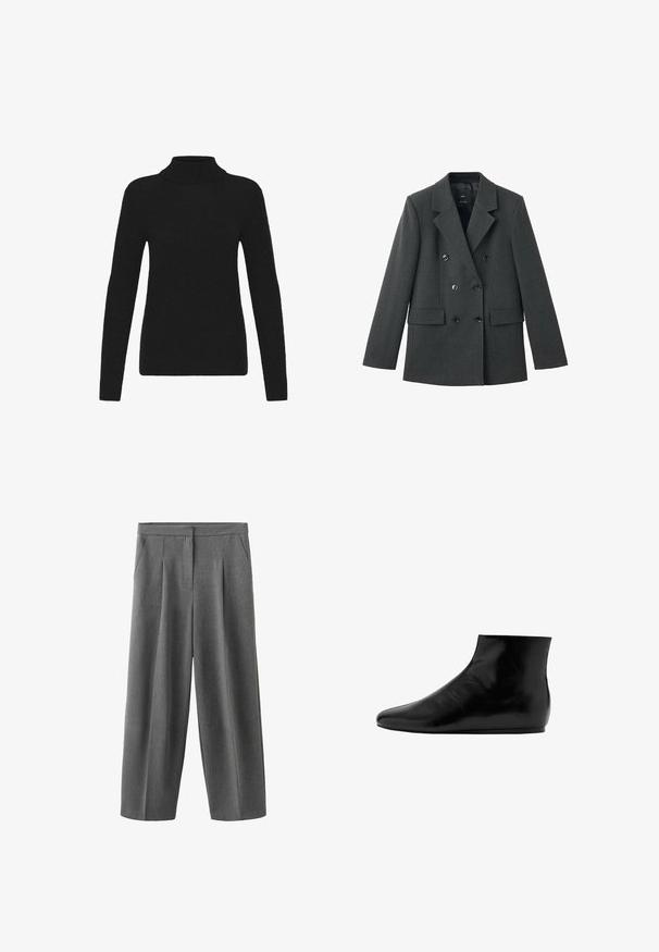 Dobbeltradet jakke i mørkegrå stof med aliasklapper, store frontknapper og to sidelommer. Glat tekstur.; Sort langærmet turtleneck sweater med ribbet krave, manchetter og kant, præsenteret mod en hvid baggrund.; Grå vidde bukser med forreste læg, sidelommer og høj talje, lavet af et glat tekstureret stof.; Sort læder ankelstøvle med en glat overflade, flad sål, rund tå og et minimalistisk design.