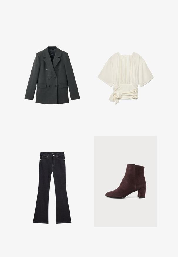 Dobbeltradet jakke i mørkegrå stof med aliasklapper, store frontknapper og to sidelommer. Glat tekstur.; Off-white bluse med brede albuelange ærmer, rynket halsudskæring og et bundet, rynket bånd ved taljen på venstre side.; Sorte flared jeans lavet af denim, med fem lommer, kontraststikninger og en knap- og lynlås-lukning foran.; Mørkebrun ruskind støvle med rundet tå og blokhæl på en ensfarvet lys baggrund.