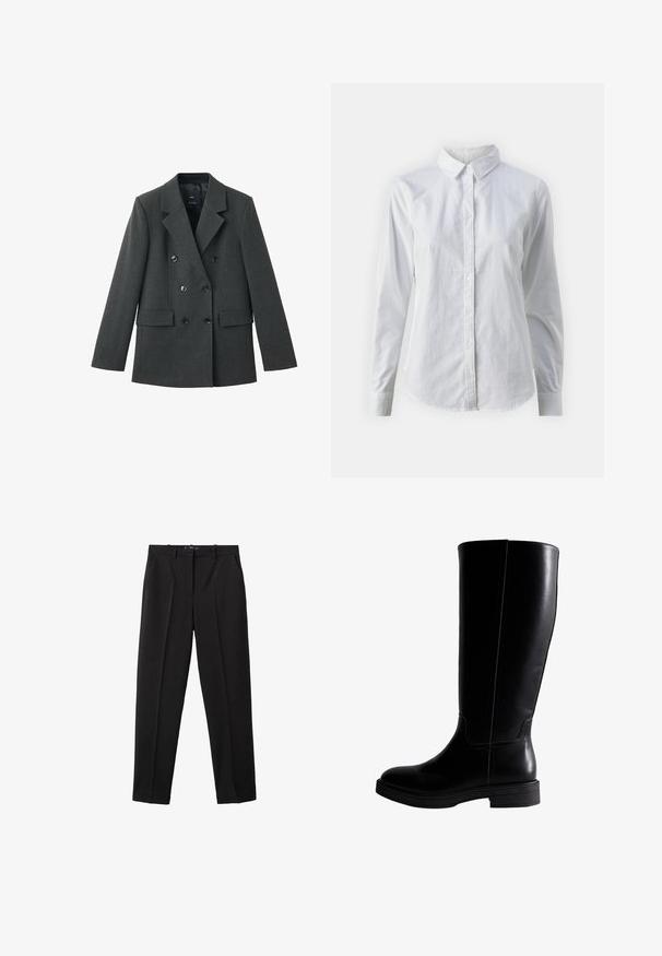 Dubbel-breasted blazer van donkergrijze stof, met gelapte revers, grote knopen aan de voorkant en twee zijzakken. Gladde textuur.; Witte overhemd met knopen van glad katoen, met een klassieke kraag, lange mouwen en een afgeronde zoom. De knopen zijn klein en wit.; Zwarte broek gemaakt van gladde stof, met een rechte pasvorm, plooien en een eenvoudig sluitingsontwerp. Klassieke en veelzijdige stijl.; Knee-high zwarte leren laarzen met een gladde textuur, ronde neus, minimale stiksels en een platte rubberen zool. Eenvoudig, strak ontwerp.
