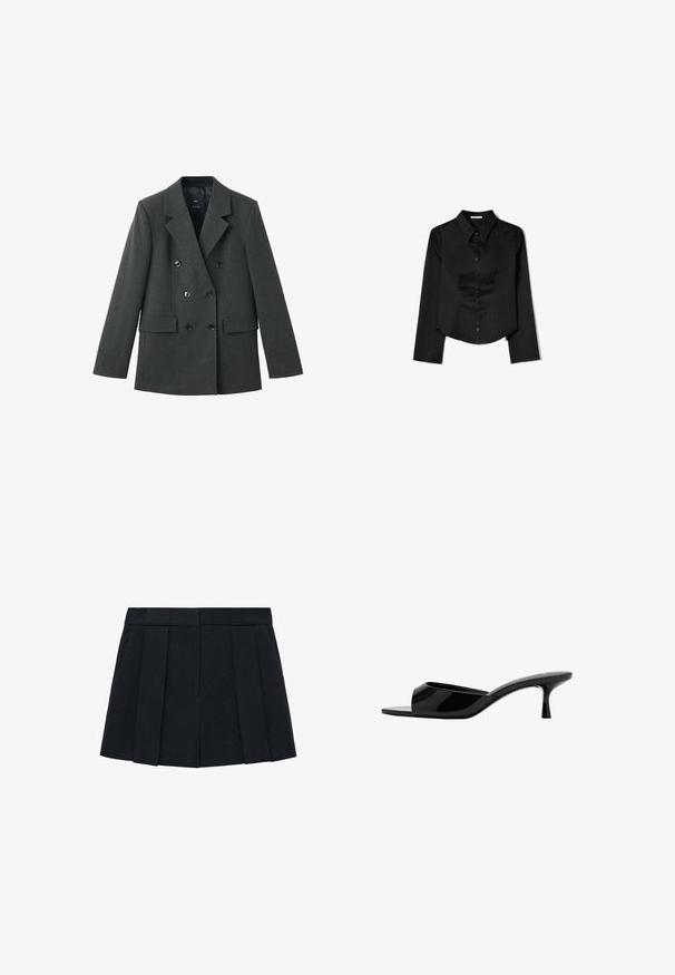 Dubbel-breasted blazer van donkergrijze stof, met gelapte revers, grote knopen aan de voorkant en twee zijzakken. Gladde textuur.; Zwarte langetermijnshirt gemaakt van soepele stof, met een puntige kraag, sluiting met knopen aan de voorkant en een cropped zoom met zijsplitten.; Zwarte geplooide rok van een stof met een gladde textuur. Beschikt over een gestructureerde tailleband en meerdere verticale plooien voor definitie.; Zwarte lakleren muil met open teen, lage, smalle kittenhak en slip-on ontwerp.