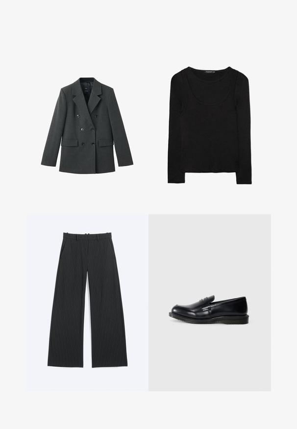 Dubbel-breasted blazer van donkergrijze stof, met gelapte revers, grote knopen aan de voorkant en twee zijzakken. Gladde textuur.; Zwarte, lange mouw, gelaagde shirt met een top met een ronde hals eronder, gelaagd onder een mouwloos tanktopje.; Zwarte broek met wijde pijpen en dunne witte krijtstrepen, met riemlussen, voorzakken en een onzichtbare voorsluiting.; Zwarte leren instapper met een gladde afwerking, ronde neus en gestikte details op de voorkant, met een gestructureerde rubberen zool voor grip.