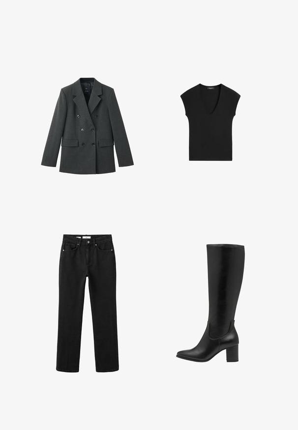 Veste croisée en tissu gris foncé, avec des revers crantés, de grands boutons sur le devant et deux poches latérales. Texture lisse.; Haut noir sans manches avec un col en V et des coutures d'épaules légèrement prolongées, présenté à plat sur un fond blanc.; Jean noir droit avec bouton et fermeture éclair à l'avant, design à cinq poches et passants pour ceinture.; Bottes noires montantes en cuir lisse. Elles présentent un bout effilé, un talon bloc et des panneaux élastiques sur les côtés pour un enfilage facile.