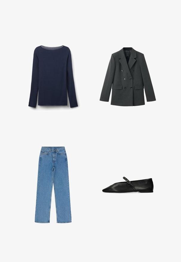 Veste croisée en tissu gris foncé, avec des revers crantés, de grands boutons sur le devant et deux poches latérales. Texture lisse.; Haut à manches longues bleu marine en tissu doux, avec un col rond et une coupe décontractée. Les bords de l'ourlet et des manches sont soigneusement finis.; Jean large bleu clair en denim, avec une taille haute, cinq poches et des accessoires en ton cuivre avec des détails de usure subtils.; Chaussure plate noire pointue avec une bride réglable et une boucle, en cuir lisse, vue de côté sur fond blanc.