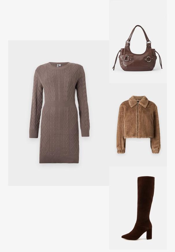 Veste en fausse fourrure marron avec un col, design court, manches longues, fermeture éclair et poignets élastiques. Texture douce et finition lisse.; Robe en maille torsadée de couleur brun doux, avec un col rond, des manches longues, des poignets côtelés et une taille cintrée.; Bottes hautes en daim marron jusqu'au genou avec un bout pointu et un large talon carré. Texture lisse avec une tige ajustée et sans fermetures visibles.; Sac à main en cuir marron de forme arrondie, avec quincaillerie argentée, deux anses latérales et une texture lisse. Dispose d'une seule poignée supérieure.