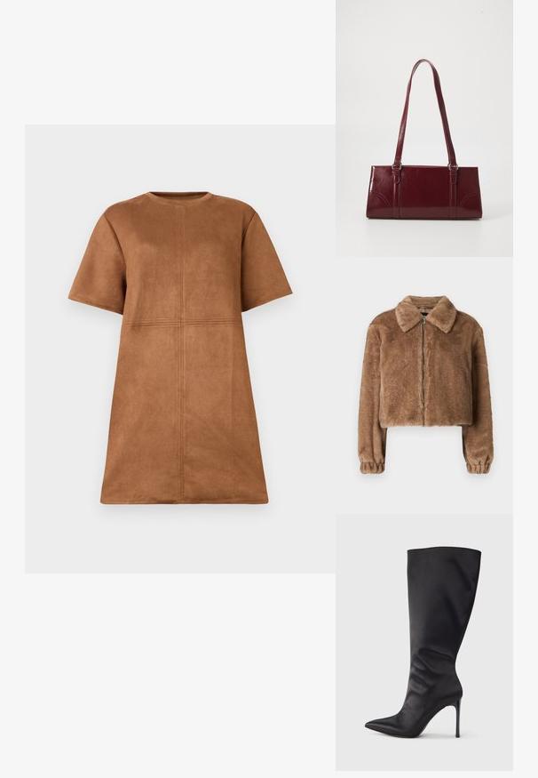 Chaqueta de piel sintética marrón con collar, diseño corto, mangas largas, cierre de cremallera y puños elásticos. Textura suave y acabado liso.; Vestido corto de ante marrón con mangas cortas, escote de barco y detalles de costura vertical y horizontal en el frente.; Bota negra hasta la rodilla con tacón de aguja, hecha de material liso y elegante; punta puntiaguda; ajuste ceñido con un sutil fruncido cerca del tobillo; tacón brillante.; Bolso burdeos hecho de material brillante, de forma rectangular, con dos asas para el hombro y sutiles acentos curvados en la parte frontal.