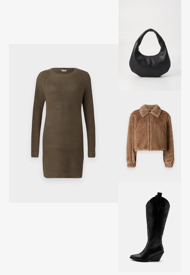 Veste en fausse fourrure marron avec un col, design court, manches longues, fermeture éclair et poignets élastiques. Texture douce et finition lisse.; Robe en tricot de couleur vert olive foncé, avec des manches longues, un col rond, un tissu texturé et des poignets et un ourlet côtelés.; Botte de cowboy en cuir noir avec bout pointu, talon bloc incliné, couture décorative et languettes en haut sur fond blanc.; Sac à main tissé noir avec une poignée courbée, présentant une surface texturée et une forme décontractée. Fini lisse avec une silhouette organique.