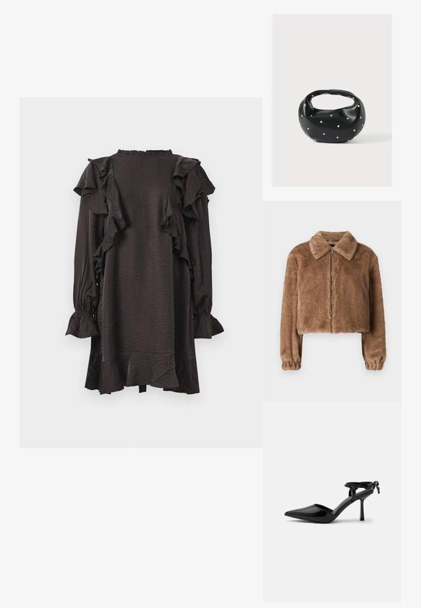 Brun faux fur jakke med krave, cropped design, lange ærmer, lynlåslukning og elastiske manchetter. Blød tekstur og glat finish.; Sorte kjole lavet af skinnende stof med flæser langs skuldre og ærmer. Har en høj halsudskæring og udfoldede manchetter.; Sort laklæder højhælet sko med spids tå og ankrem bundet i en knude bagpå, vist på en ensartet hvid baggrund.; Sort læderhåndtaske med en rundet form, dekoreret med sølvnitter, og et kort håndtag. Glat tekstur og lynlåslukning.