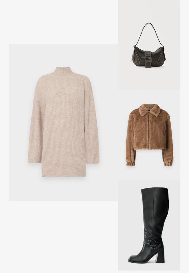 Brun faux fur jakke med krave, cropped design, lange ærmer, lynlåslukning og elastiske manchetter. Blød tekstur og glat finish.; Beige højhalset sweater med faldende skuldre, lavet af ribbet strikmateriale. Løs pasform med lange ærmer og en blød tekstur.; Knæhøje sorte læderstøvler med firkantet tå, bred hæl og en dekorativ rem med metalaccenter omkring anklen. Glat tekstur.; Sort læder skuldertaske med spænde på remmen, afrundede kanter og kontrasterende hvide syninger på en ensfarvet baggrund.
