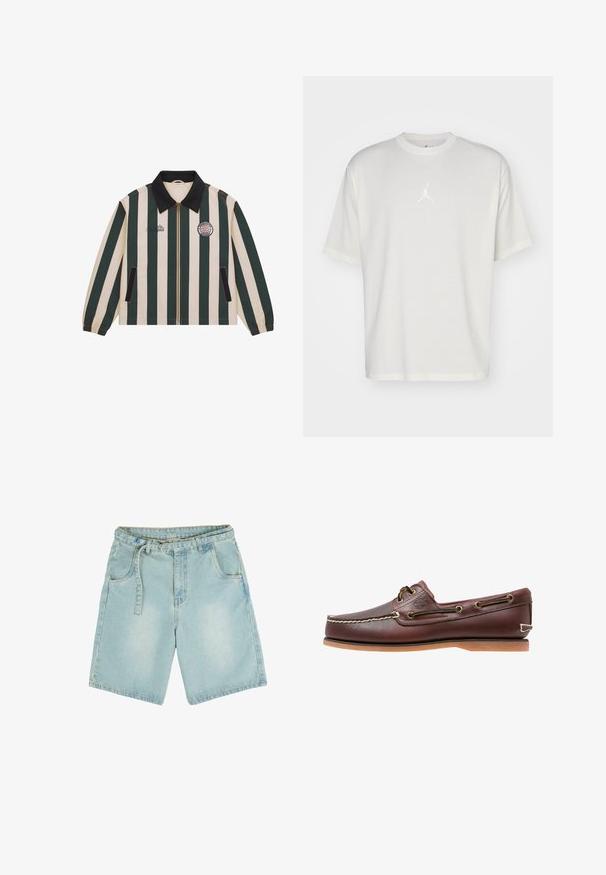 Veste avec des rayures verticales vert foncé et beige, col noir, fermeture éclair à l'avant, poches latérales et logos brodés sur la poitrine.; T-shirt en coton blanc avec un col rond, des manches courtes et un petit logo brodé au centre. Design ajusté avec des coutures minimales.; Shorts en denim bleu clair avec une coupe droite, cinq poches, passants de ceinture et une finition délavée. Fabriqués en tissu coton durable.; Chaussure bateau en cuir marron avec coutures blanches, détails de lacets et semelle en caoutchouc beige, vue de côté sur fond blanc.