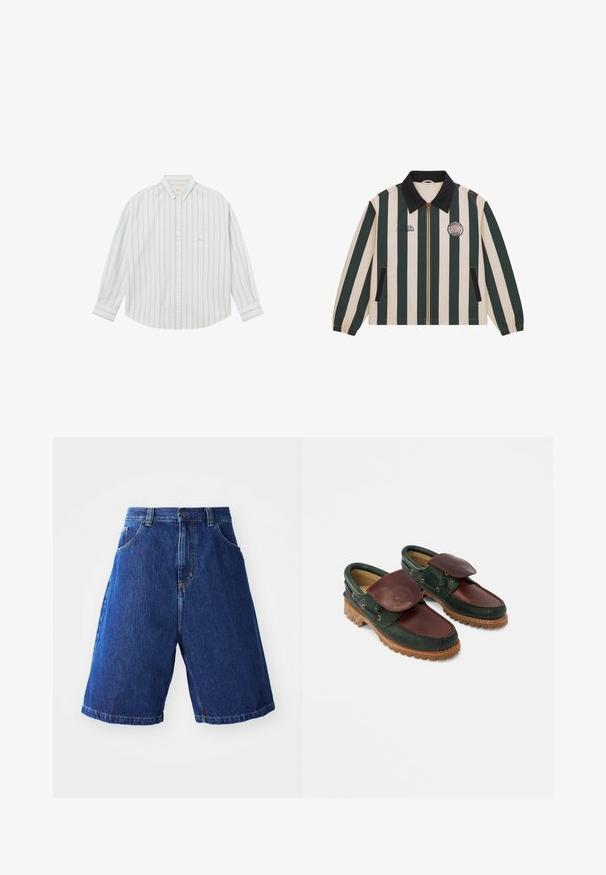 Veste avec des rayures verticales vert foncé et beige, col noir, fermeture éclair à l'avant, poches latérales et logos brodés sur la poitrine.; Chemise blanche à manches longues avec des rayures verticales gris clair et une poche poitrine, présentée à plat sur fond blanc.; Shorts en denim avec un lavage bleu, dotés d'une taille haute, de deux poches avant et de coutures jaunes le long des bords.; Chaussures en cuir avec un corps vert foncé, un dessus bordeaux, un bout rond, un rabat sécurisé et une semelle en caoutchouc texturée avec des rainures.