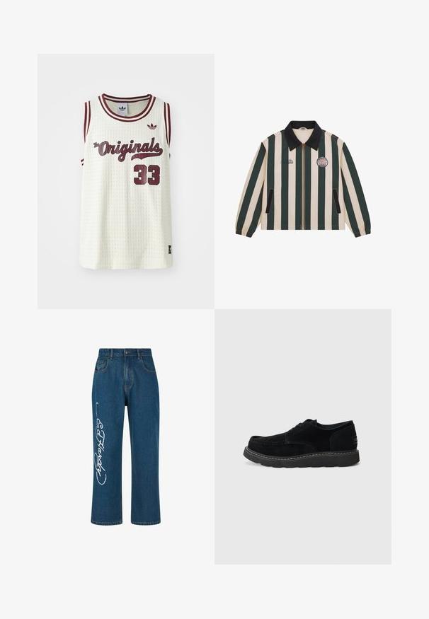 Veste avec des rayures verticales vert foncé et beige, col noir, fermeture éclair à l'avant, poches latérales et logos brodés sur la poitrine.; Maillot sans manches en mesh blanc avec des accents maroon, texte "The Originals", numéro 33 et petit logo sur la poitrine gauche.; Jean en denim bleu avec une coupe droite, arborant un logo brodé blanc sur la jambe gauche et un design à cinq poches.; Chaussures en suède noir à lacets avec un bout rond, des coutures contrastées et une semelle en caoutchouc épaisse, présentant un détail de marque sur le talon.