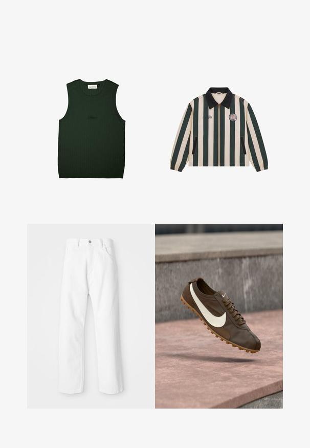 Veste avec des rayures verticales vert foncé et beige, col noir, fermeture éclair à l'avant, poches latérales et logos brodés sur la poitrine.; Débardeur vert à côtes avec un col rond et sans manches. Présente un logo subtil en noir près du centre. Texture douce.; Pantalon en denim blanc avec une coupe droite, présentant une fermeture à bouton et glissière à l'avant, cinq poches et une finition lisse et texturée.; Chaussure de course Nike marron avec logo swoosh blanc et semelle en gomme flottant au-dessus d'une surface en pierre rose avec un fond en pierre grise.