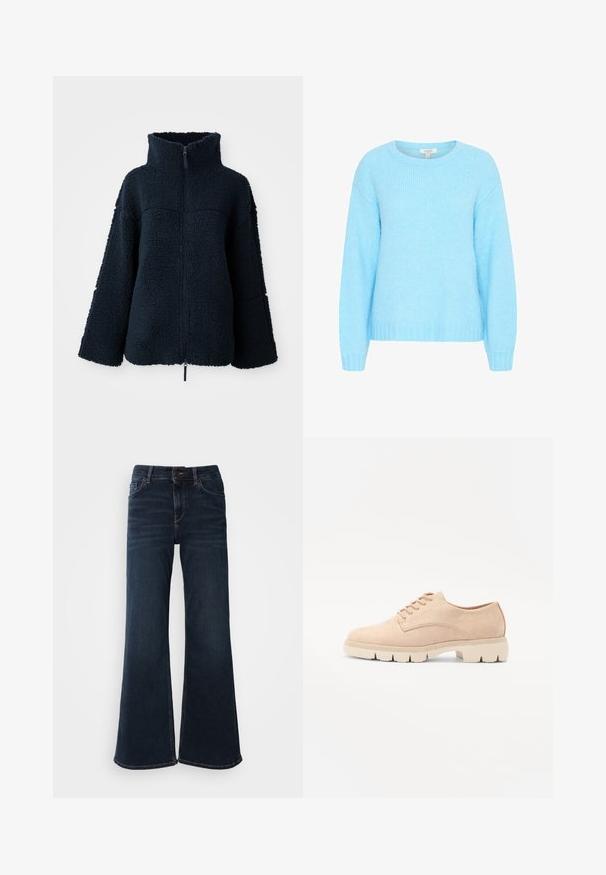 Donkerblauwe textuur fleece jacket met hoge kraag en volledige ritssluiting, lange mouwen en een losse pasvorm.; Lichtblauwe trui gemaakt van een zachte, gestructureerde brei. Heeft lange mouwen, een ronde halslijn en ribgebreide manchetten en zoom.; Mos Mosh HERA - Flared Jeans - dark blue; Beige suède veterschoenen met een ronde neus, tekstuurovervlak en een stevige, crèmekleurige rubberen zool met uitgesproken profiel voor grip.