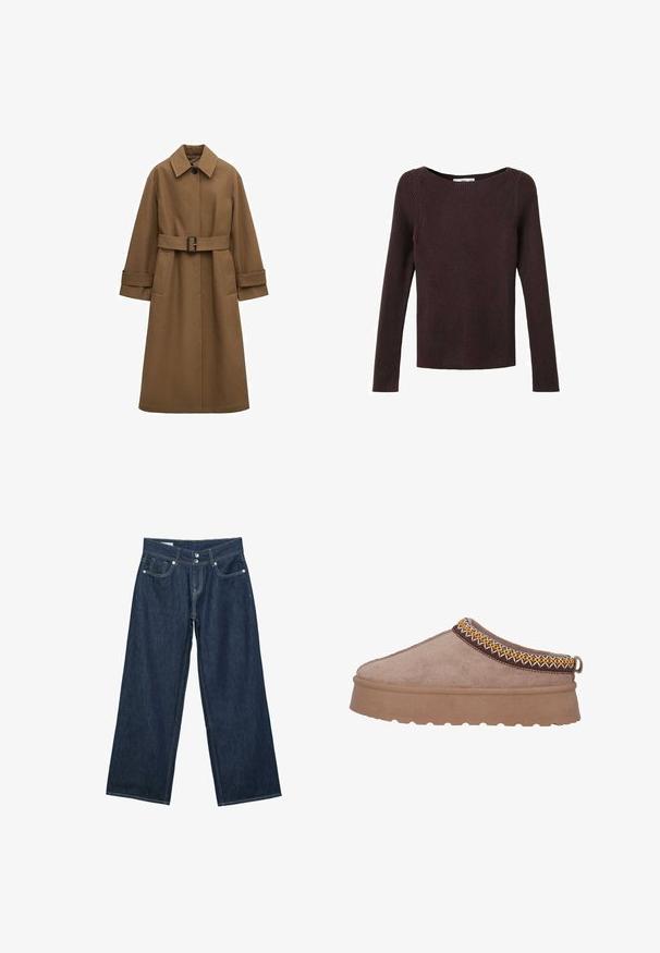 Langer brauner Trenchcoat mit Gürtel, weitem Kragen, einem sichtbaren Knopf, umgeschlagenen Ärmeln und Vordertaschen auf weißem Hintergrund.; Dunkelbrauner, gerippter Pullover mit langen Ärmeln, rundem Halsausschnitt, schmaler Passform und einem glatten, strukturierten Strickmuster.; Dunkelblaue, weit geschnittene Denim-Jeans mit doppelter Knopfverschluss, vorderen Taschen und kontrastierender Naht auf weißem Hintergrund.; Braune Wildlederschlupfschuhe mit einer dicken, strukturierten Sohle, die eine kunstvolle gelbe und braune Stickerei entlang des oberen Randes aufweisen.