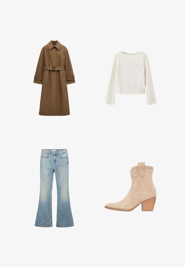 Lang brun trenchcoat med bælte, bred krave, enkelt synligt knap, manchetærmer og frontlommer på hvid baggrund.; Off-white langærmet sweater med bred rund halsudskæring og let udvidede ærmer, lavet af blødt strikket stof.; Lyseblå bugede jeans lavet af denim, med en falmet vask, fem lommer og en lynlås-lukning. Klassisk design med brede ben.; Beige ruskinds cowboy støvler med spids tå, dekorativ syning og en stablet hæl. Har en trækflap på bagsiden.