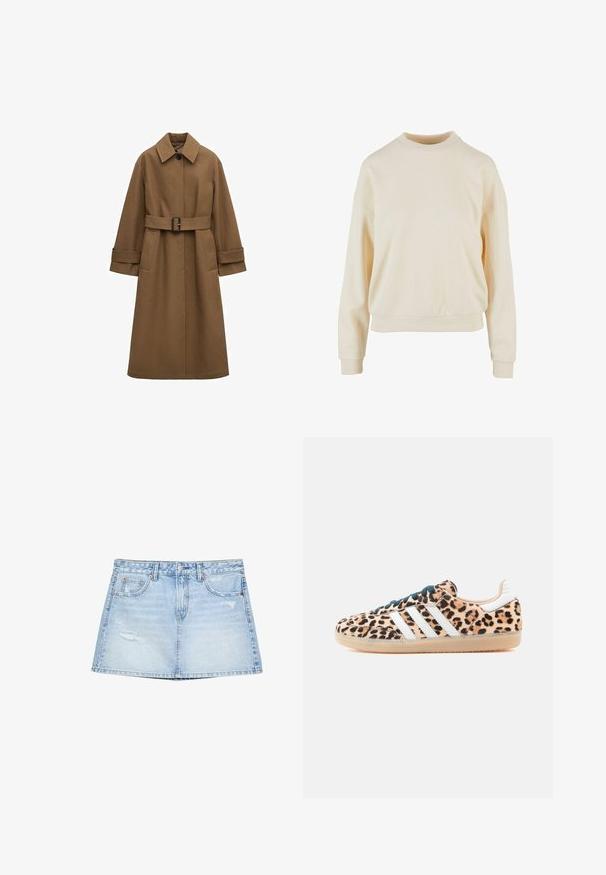 Lang brun trenchcoat med bælte, bred krave, enkelt synligt knap, manchetærmer og frontlommer på hvid baggrund.; Cremefarvet crewneck sweatshirt med lange ærmer, en afslappet pasform, ribbede manchetter og en glat tekstur, der fremhæver enkelhed i designet.; Lyseblå denimnederdel med lige snit, forlommer og slidte detaljer. Afsluttet med en knap- og lynlåslukning.; Sneakers med leopardtryk, gummisål, hvide striber og mørkegrønne snørebånd. Blødt tekstureret overdel og lavprofildesign.