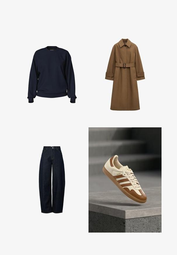 Lang brun trenchcoat med bælte, bred krave, enkelt synligt knap, manchetærmer og frontlommer på hvid baggrund.; Mørkeblå sweatshirt med rund hals, lange ærmer, ribbede manchetter og bånd i livet. Glat tekstur uden synlige mønstre eller hardware.; Bredde ben mørkeblå denim jeans med høj talje, færdiggjort med kontrasterende orange syninger og en knaplukning foran.; Klassisk sneaker med øverste del i cremefarvet læder, brune accenter, tre striber og en tekstureret gummisål. Har en rundet snude og snørelukning.