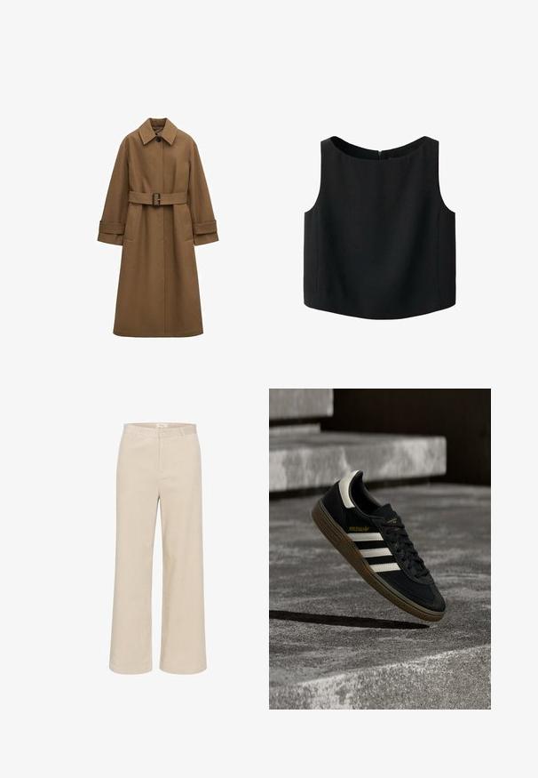 Langer brauner Trenchcoat mit Gürtel, weitem Kragen, einem sichtbaren Knopf, umgeschlagenen Ärmeln und Vordertaschen auf weißem Hintergrund.; Schwarzes ärmelloses Oberteil mit rundem Ausschnitt und glatter Stoffstruktur. Verfügt über einen dezenten Reißverschluss am Rücken und einen geraden Saum.; Beige weite Cordhosen mit einer subtilen Ripptextur, Gürtelschlaufen, Reißverschluss vorne und zwei seitlichen Taschen.; Schwarzer Adidas-Sneaker mit weißen Streifen und Gummisohle schwebt über grauen Betonstufen im natürlichen Licht.