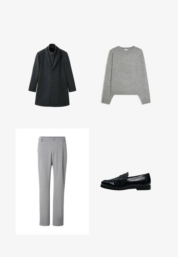 Manteau en laine gris foncé à la coupe structurée, avec des revers en cranté, trois boutons, des poches latérales et un col intérieur zippé.; Pull en maille gris clair uni à manches longues, avec poignets, ourlet et col rond en côtes, posé à plat sur un fond blanc.; Pantalon gris clair à jambes droites avec un bouton et des passants de ceinture, présenté de face sur fond blanc.; Mocassin penny loafer pour homme en cuir noir avec bout moc cousu et petit talon, présenté de profil sur fond blanc.
