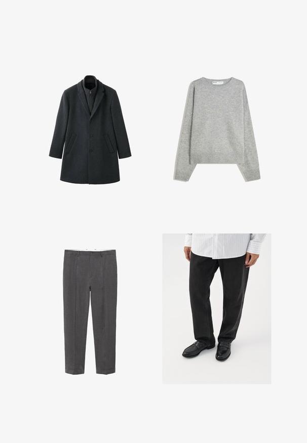 Mørkegrå uldfrakke med struktureret design, hakket revers, tre knapper, sidelommer og en lynlåslukning på den indvendige krave.; Grå strikket sweater med rund halsudskæring, ribbede manchetter og kant, med en afslappet pasform og blød tekstur.; Mørkegrå skræddersyede bukser med bæltestropper, knaplukning, forkantfold og opsmøgte kanter, vist fladt mod en hvid baggrund.; Sorte denimbukser parret med skinnende sorte loafers. Skjorten er hvid med tynde lodrette striber, har lange ærmer og en knapkrave.