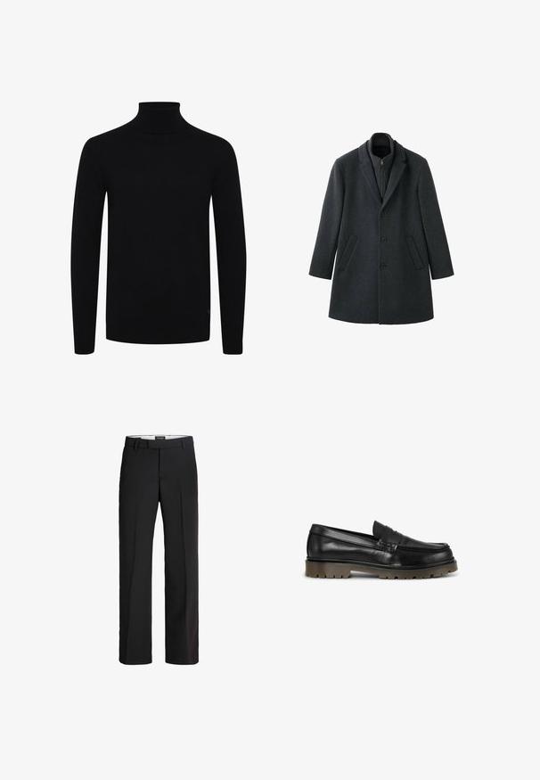 Manteau en laine gris foncé à la coupe structurée, avec des revers en cranté, trois boutons, des poches latérales et un col intérieur zippé.; Pull à col roulé noir, à manches longues, avec un col et un ourlet côtelés, fabriqué en tissu tricoté lisse, avec un logo discret sur le côté inférieur.; Pantalon noir avec une coupe ajustée ; présente un devant lisse, deux poches latérales et une texture douce ; fabriqué à partir d'un matériau léger et respirant.; Mocassin en cuir noir avec une semelle épaisse en caoutchouc marron et une lanière penny sur le dessus.