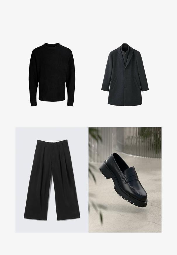 Mørkegrå uldfrakke med struktureret design, hakket revers, tre knapper, sidelommer og en lynlåslukning på den indvendige krave.; Sort sweater, rund halsudskæring, lange ærmer, ribbede manchetter og kant, blød tekstur, ensfarvet, minimalistisk design.; Sorte bukser med vide ben, læg, bæltestropper og en knaplukning, vist mod en lys grå baggrund.; Sorte læder loafers med en chunky sål, der har en dekorativ rem og syninger. Glat tekstur med en poleret overflade.