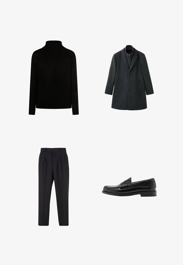 Mørkegrå uldfrakke med struktureret design, hakket revers, tre knapper, sidelommer og en lynlåslukning på den indvendige krave.; Sort rullekravesweater i ribbet tekstur, med lange ærmer og en tætsiddende silhuet. Har strikdetaljer ved kraven og manchetterne.; Sorte skræddersyede bukser med forreste læg, bæltestropper og knaplukning i taljen.; Sort læder penny loafer med syninger på moc-tåen, lav hæl og glat poleret finish, vist fra siden på en hvid baggrund.