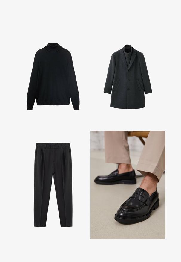 Mørkegrå uldfrakke med struktureret design, hakket revers, tre knapper, sidelommer og en lynlåslukning på den indvendige krave.; Sort turtleneck sweater med en tætsiddende krave, lange ærmer og ribbede manchetter og kant. Lavet af blødt, strækbart stof med en glat tekstur.; Sorte skræddersyede bukser med bæltestropper, plisseringer foran, sidelommer og et slankt, tilspidset ben design.; Sorte lædermokkasiner med en glat overflade, der har en dekorativ rem og kontraststing, parret med beige bukser.