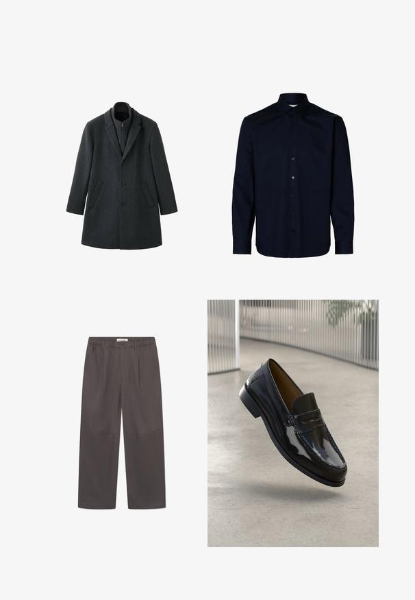 Mørkegrå uldfrakke med struktureret design, hakket revers, tre knapper, sidelommer og en lynlåslukning på den indvendige krave.; Navyblå langærmet skjorte lavet af glat stof, med button-down-krave og knapstolpe foran med mørke knapper, lige kant og manchetter på ærmerne.; Grå, vide bukser lavet af glat stof, med knaplukning og to sidelommer. Simpelt, rent design uden synlige mønstre.; Sorte patentlæder loafer med en syet detalje, rund tå, lav hæl og glat overflade, præsenteret mod en neutral baggrund.