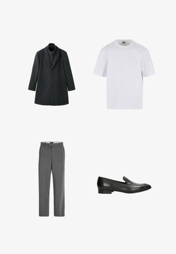 Manteau en laine gris foncé à la coupe structurée, avec des revers en cranté, trois boutons, des poches latérales et un col intérieur zippé.; T-shirt blanc à manches courtes en coton. Il présente un col rond et une coupe décontractée. Texture lisse, design minimaliste, sans motifs ni accents.; Pantalon gris avec une texture lisse, une coupe droite et un motif vertical subtil. Comprend des passants de ceinture et des poches avant et arrière.; Chaussure noire en cuir à enfiler avec une finition lisse, un bout rond, des détails de couture discrets et un petit talon pour la stabilité.