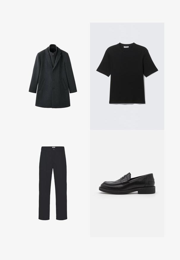 Manteau en laine gris foncé à la coupe structurée, avec des revers en cranté, trois boutons, des poches latérales et un col intérieur zippé.; T-shirt noir à manches courtes avec col rond, portant une étiquette "WEEKDAY" à l'intérieur du col, présenté à plat sur un fond clair.; Pantalon noir en tissu texturé, présentant une coupe droite, des plis sur le devant et une fermeture à un bouton à la taille.; Mocassins en cuir noir avec un bout arrondi, des coutures ton sur ton et un détail de sangle à l'avant. Semelle en caoutchouc avec un petit talon.