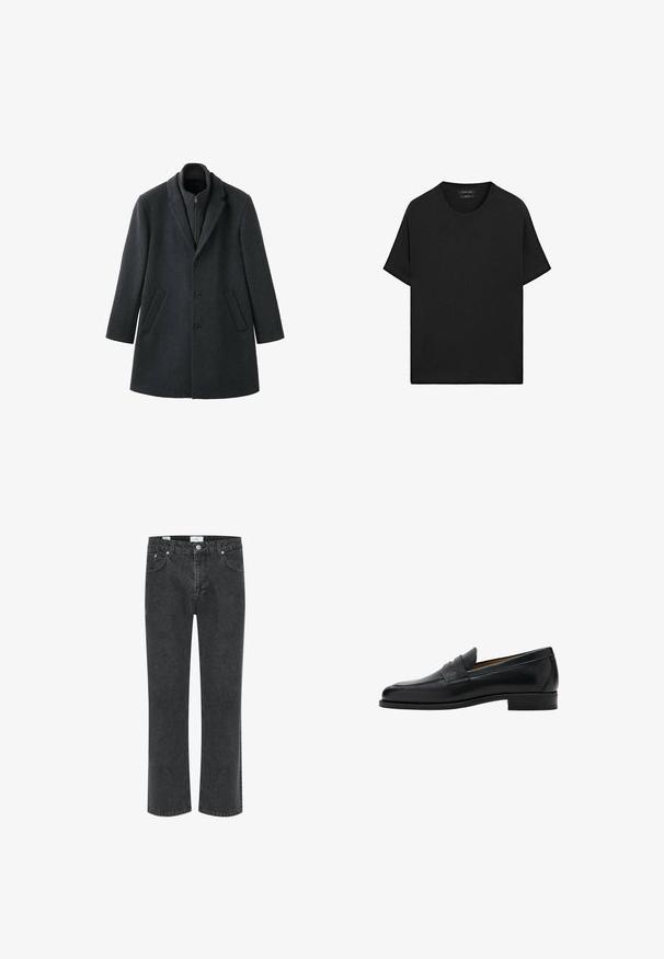 Dunkelgrauer Wollmantel mit strukturiertem Design, Reverskragen, drei Knöpfen, seitlichen Taschen und einem innen liegenden Reißverschlusskragen.; Schwarzes T-Shirt mit kurzen Ärmeln und Rundhalsausschnitt, gerade Saum, mit kleinem Markenetikett an der Innenseite des Halsausschnitts.; Schwarze Jeans aus Denim mit geradem Bein, fünf Taschen und kontrastierenden Nähten. Der Stoff hat eine leicht ausgewaschene Textur.; Schwarzer Leder-Pennyloafer mit niedrigem Absatz, abgerundeter Spitze und einem Riemen über dem oberen Teil des Schuhs.