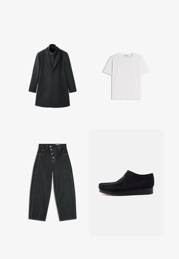 Mørkegrå uldfrakke med struktureret design, hakket revers, tre knapper, sidelommer og en lynlåslukning på den indvendige krave.; Hvid bomuld T-shirt med rund halsudskæring og korte ærmer. Har en klassisk, firkantet form uden synlige mønstre eller detaljer.; Sort, højtaljede cowboybukser i denim med vide ben, fire knapper foran, forlommer med nitter og kontrastsyning.; Sort mokkasinstil sko i ruskind med snørebånd foran og rågummisål, vist fra siden på en hvid baggrund.
