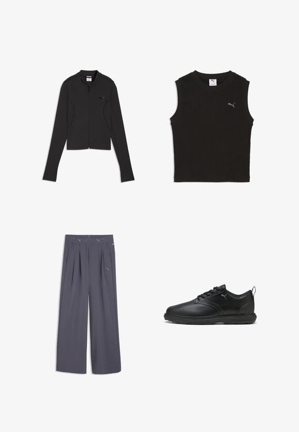 Chaqueta negra de manga larga con cremallera y logo de Puma en el pecho, cuello alto y orificios para el pulgar en las mangas, extendida sobre fondo blanco.; Top corto negro sin mangas con textura acanalada, cuello redondo y pequeño logo gris de Puma en el pecho izquierdo.; Pantalones grises de pierna ancha de Puma con cintura elástica que presenta logos repetidos de Puma y bolsillos laterales.; Zapato de cuero negro con un acabado suave, panel lateral texturizado, diseño de cordones y cuello acolchado. Presenta un logo sutil y acentos con patrón.