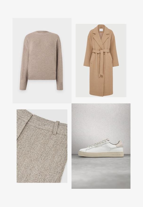 Beige uldfrakke med sjalskrave, lange ærmer, bælte og to forlommer. Har en afslappet pasform og blødt, struktureret stof.; Beige strikket sweater med rund hals, ribbede manchetter og kant. Blød tekstur og afslappet pasform, velegnet til afslappet brug.; Stof med fiskbenmønster i nuancer af beige og grå, med en struktureret talje og en detaljeret vævningstekstur.; Hvide lædersneakers med en glat overflade, beige ruskindsdetaljer, rund tå, flad snørebåndsdesign og en struktureret gummisål.