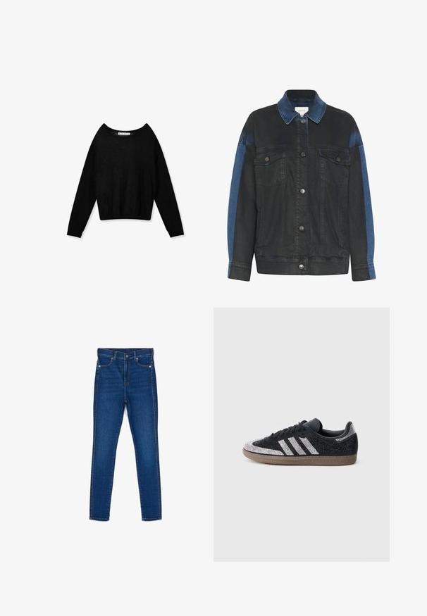Chaqueta vaquera con cuerpo negro y detalles azules en los hombros, dos bolsillos delanteros y botones a presión plateados. Diseño texturizado y casual.; Jersey negro de punto con manga larga, cuello redondo y puños ajustados, mostrado sobre un fondo blanco.; Jeans skinny en denim azul oscuro, con un diseño clásico de cinco bolsillos, costuras reforzadas y un cierre de cremallera con botón de metal.; Zapatilla negra con detalles plateados brillantes y tres rayas blancas. Cuenta con un diseño de corte bajo, parte superior texturizada y suela de goma marrón.